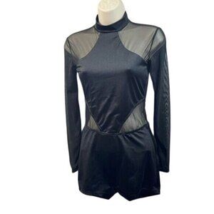 Black Long Sleeve Mesh‎ Cutout Romper Bodysuit Mock Neck Party Clubwear